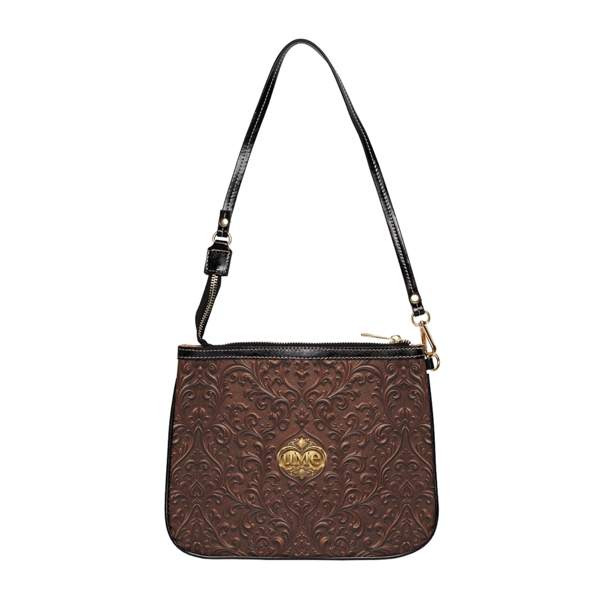 Brown UME Gold Crest Small Shoulder Bag — Scroll Print Faux Leather