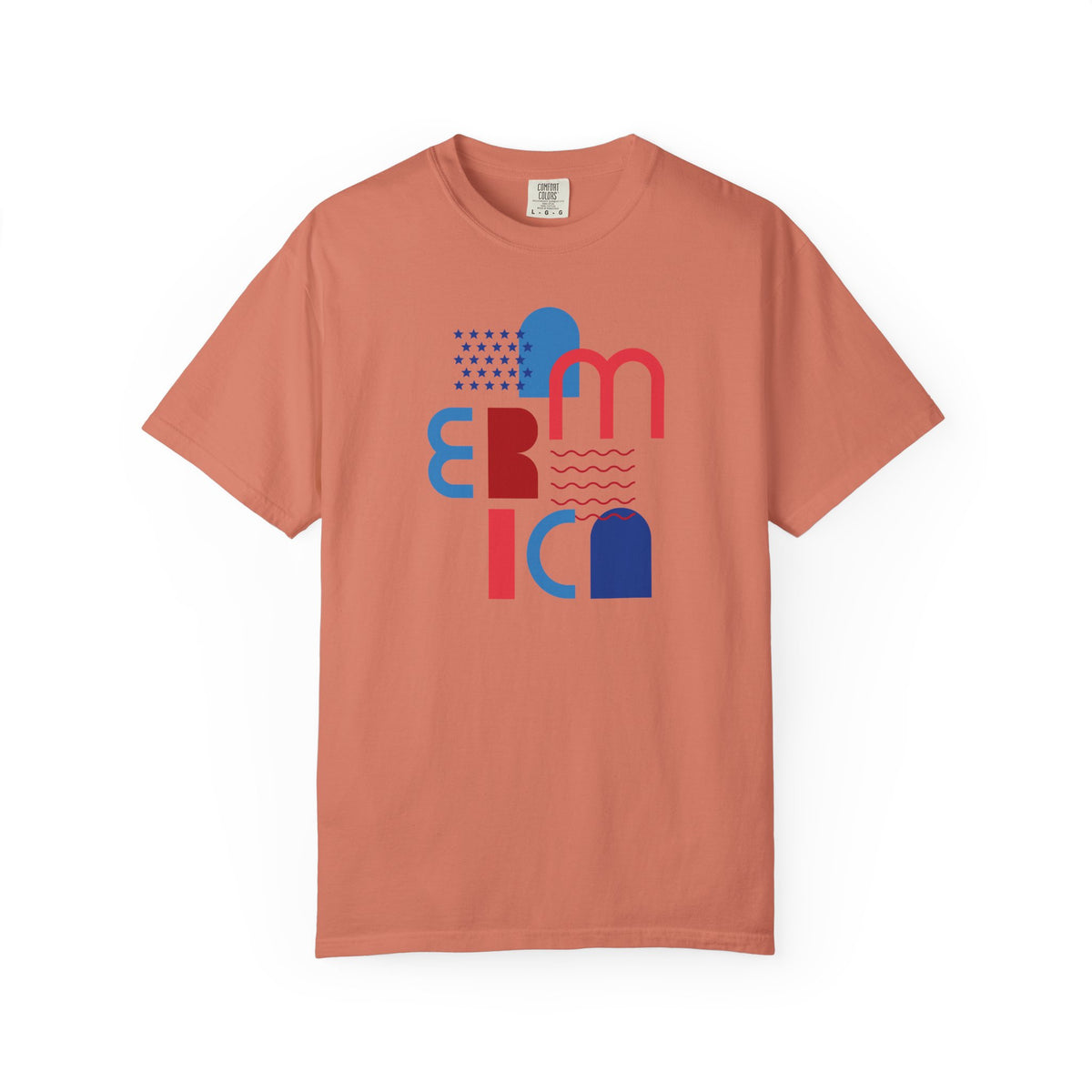 T-Shirt — Abstract 'America' Graphic Tee (Red & Blue Geometric Design)
