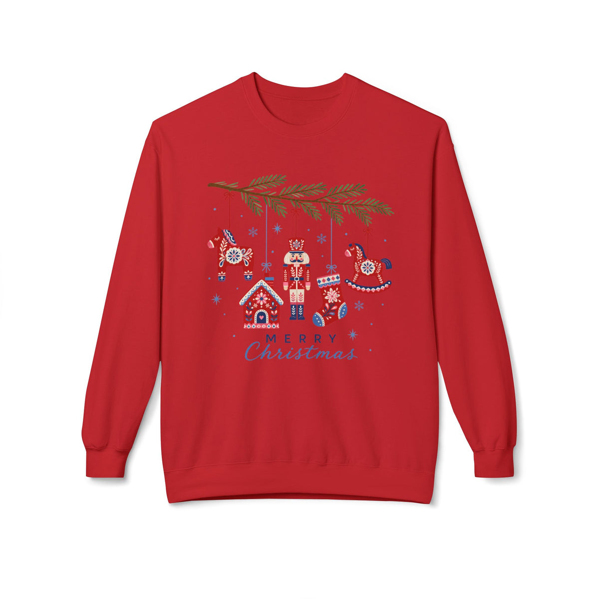 Merry Christmas Scandinavian Folk Art Crewneck Sweatshirt — White, Red & More