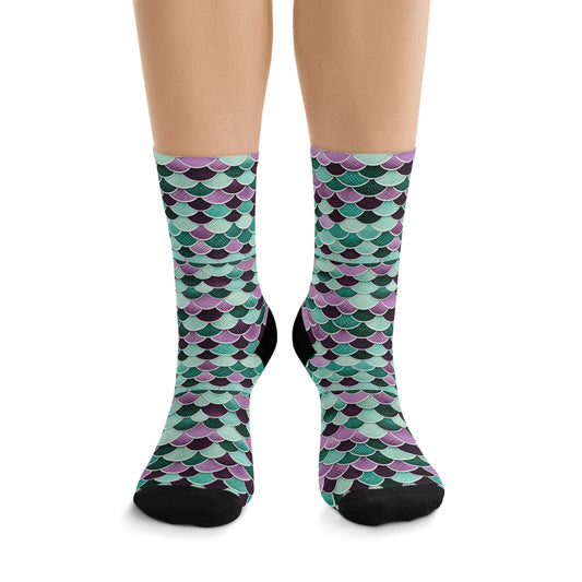 Mermaid Scale Recycled Poly Socks — Teal & Purple Patterned Crew Socks