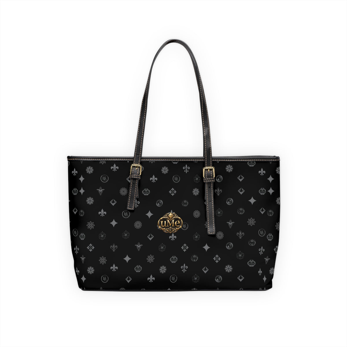Black PU Leather Shoulder Bag with Monogram Crest Pattern