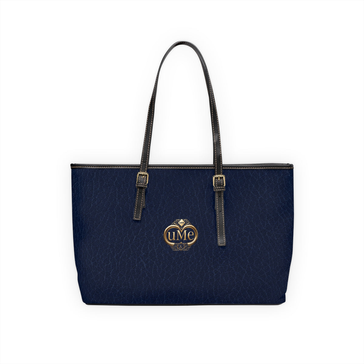Navy PU Leather Shoulder Bag with Gold Crest Accent