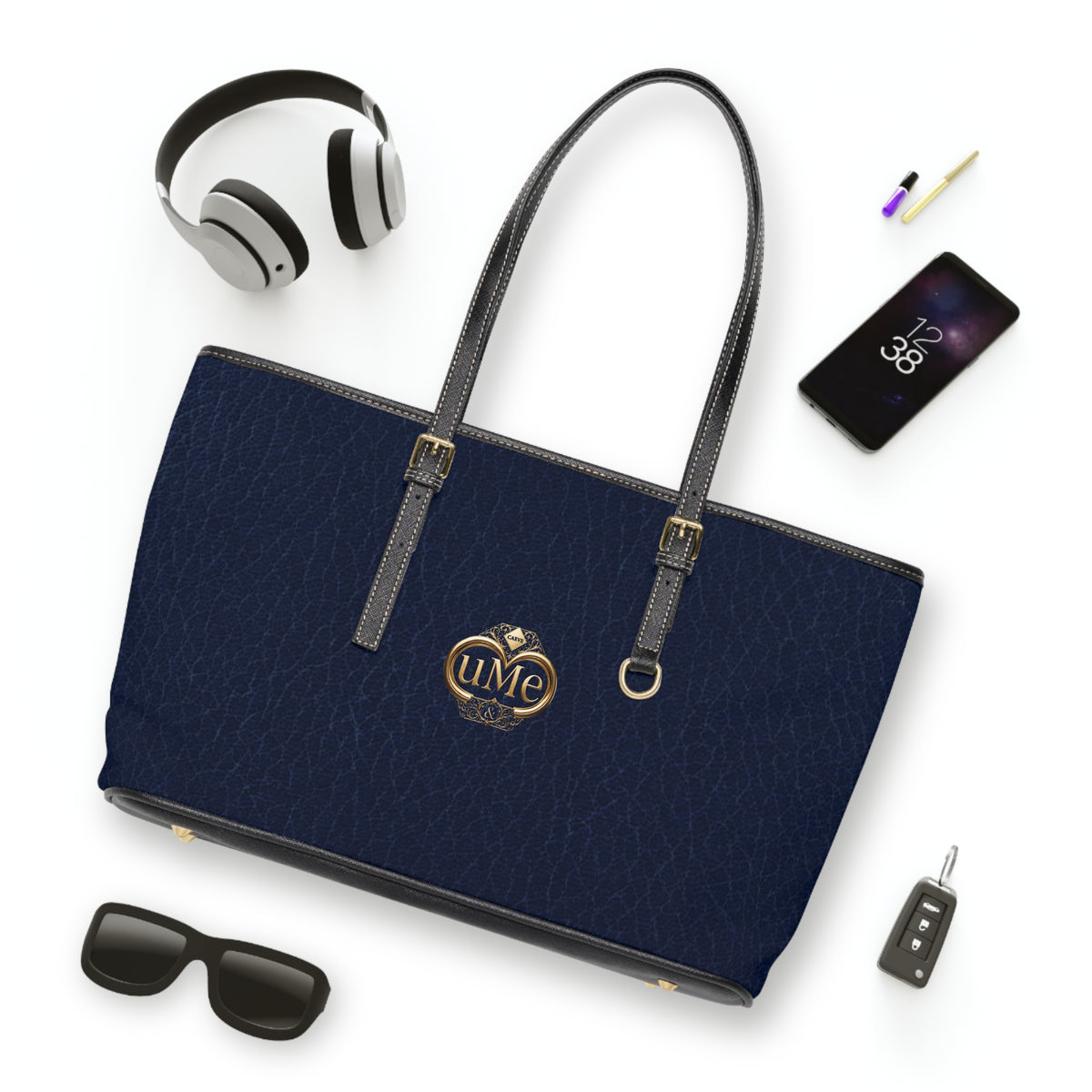 Navy PU Leather Shoulder Bag with Gold Crest Accent
