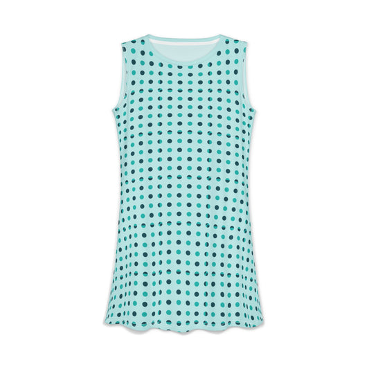 Aqua Polka Dot Swing Dress — Casual Sleeveless A-Line Dress