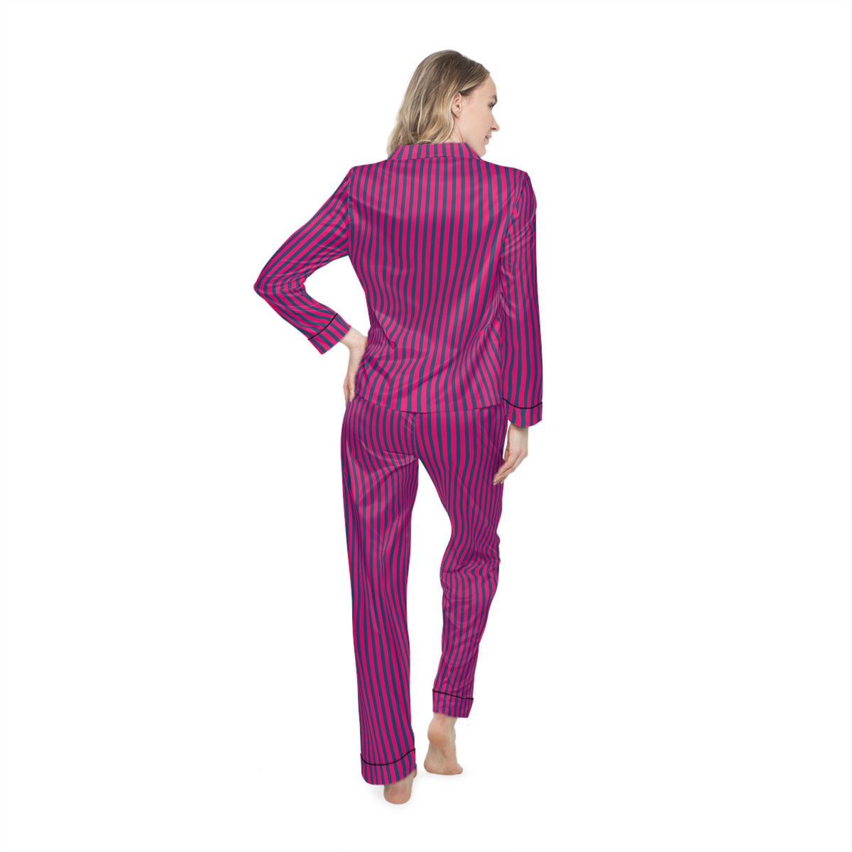 UME Striped Satin Women's Pajama Set — Hot Pink All-Over Print