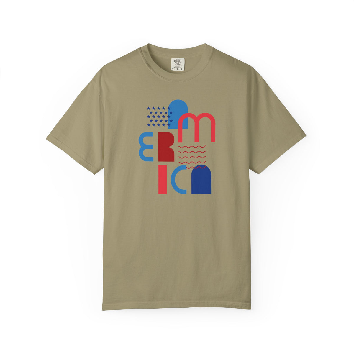 T-Shirt — Abstract 'America' Graphic Tee (Red & Blue Geometric Design)