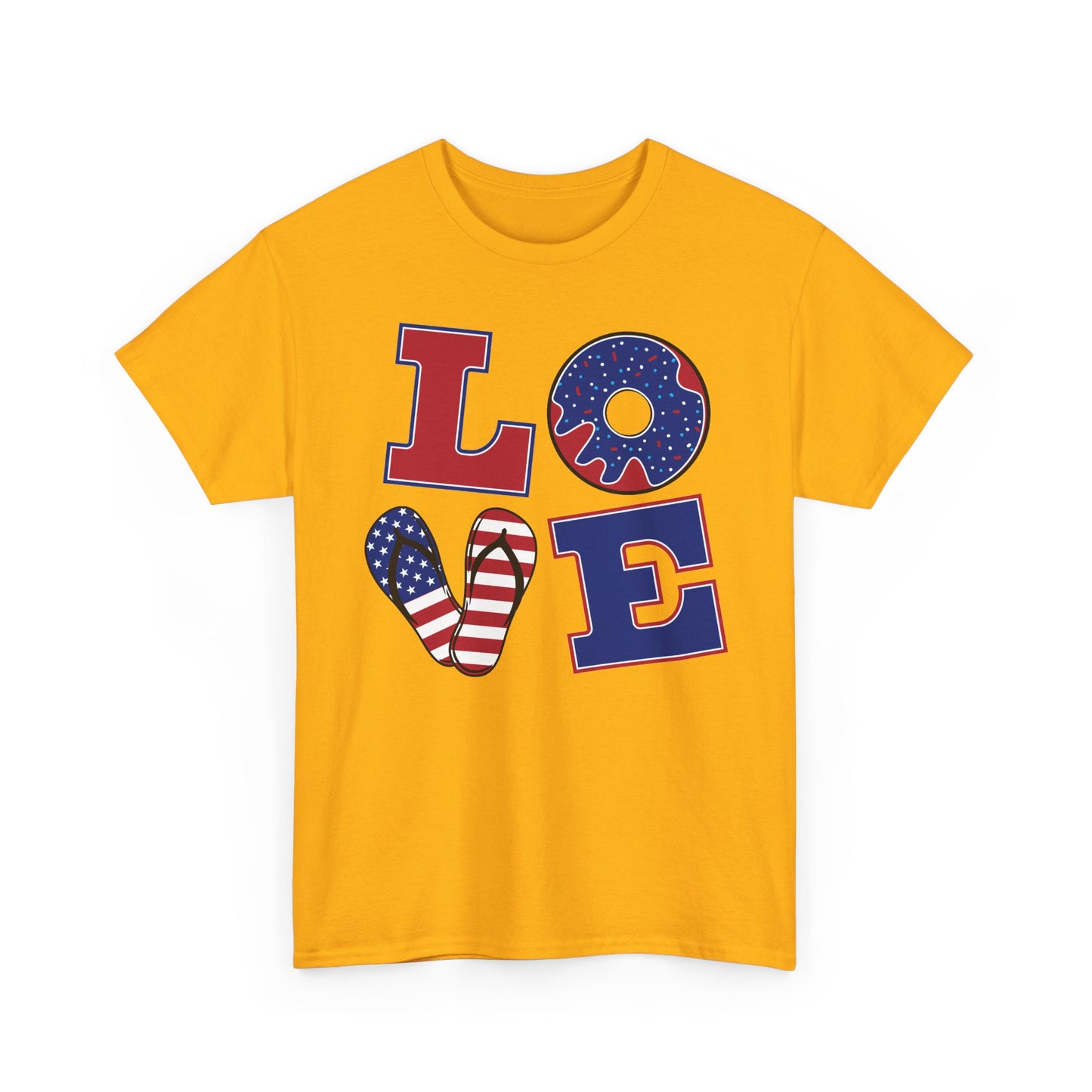 Patriotic "LOVE" Tee – American Flag Donut Heart 4th of July Shirt