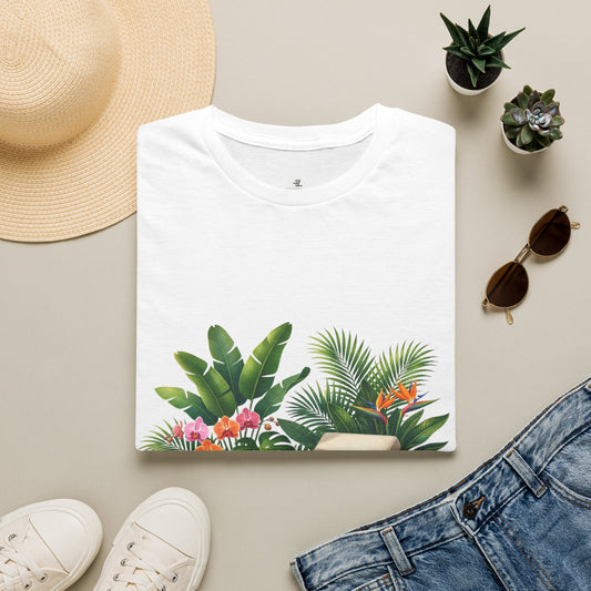 Tropical Lounge T-Shirt — Cozy Chair & Palm Floral Graphic Tee