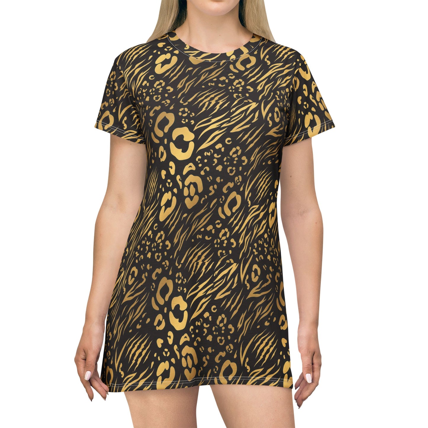 cheetah Print T-Shirt Dress – All-Over Gold & Black Animal Pattern