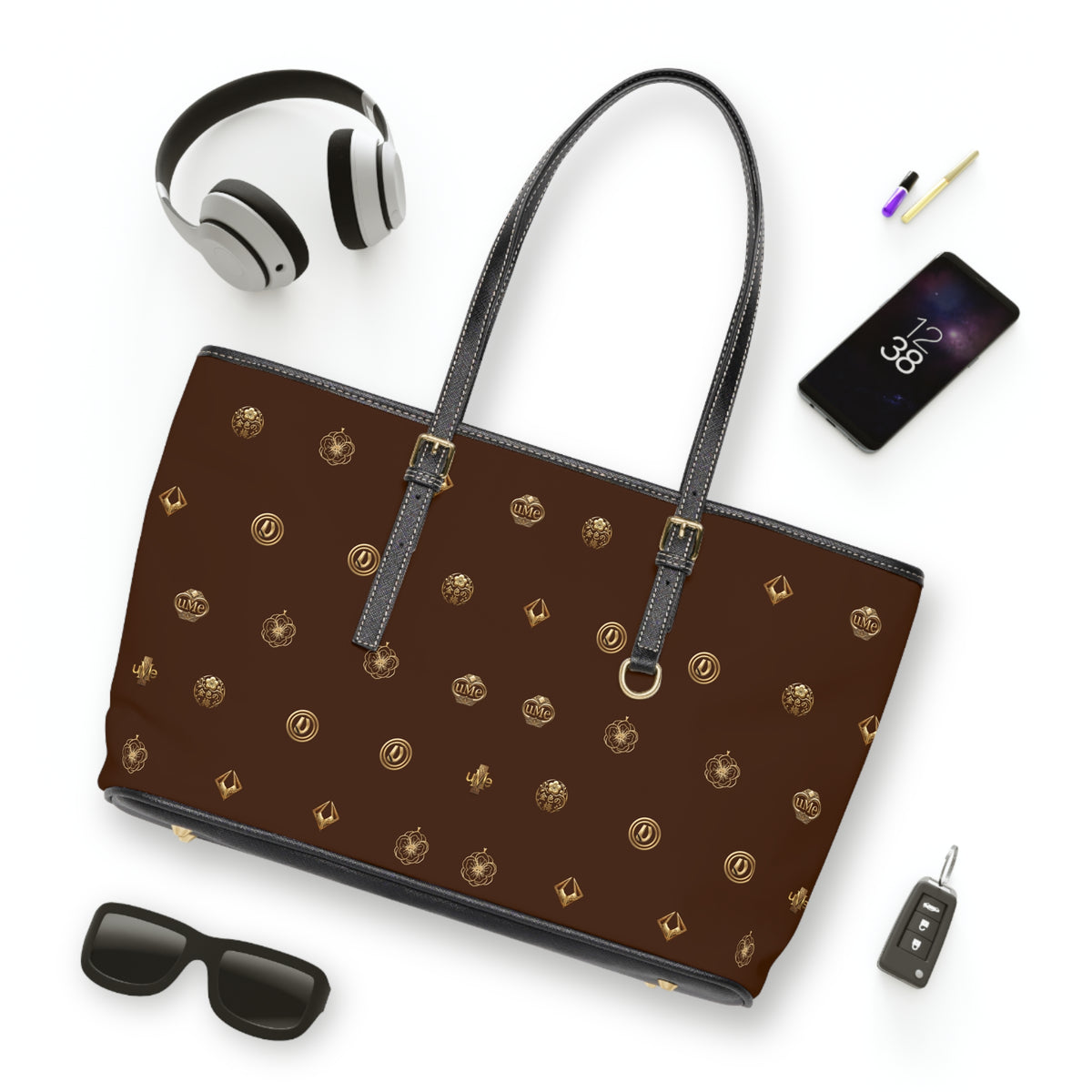 Brown Monogram PU Leather Shoulder Bag — Gold Emblem Print Luxe Tote