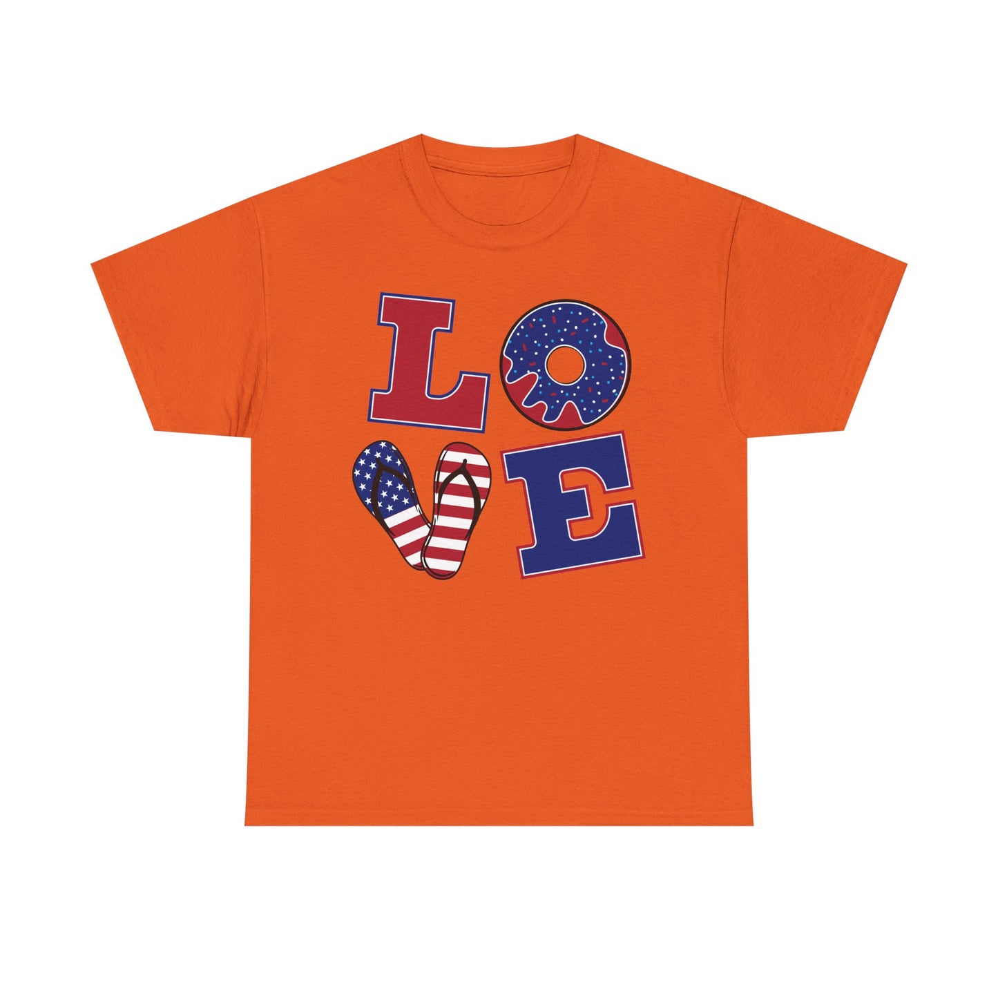 Patriotic "LOVE" Tee – American Flag Donut Heart 4th of July Shirt