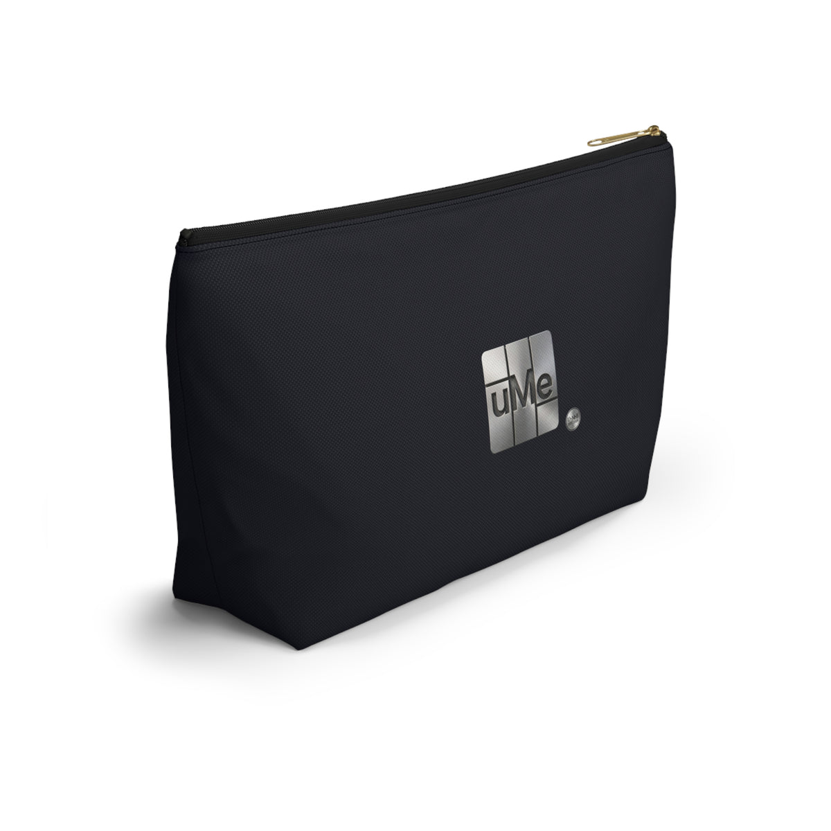 Accessory Pouch — Sleek Black T‑Bottom Cosmetic & Tech Organizer with Metallic 'uMe' Logo
