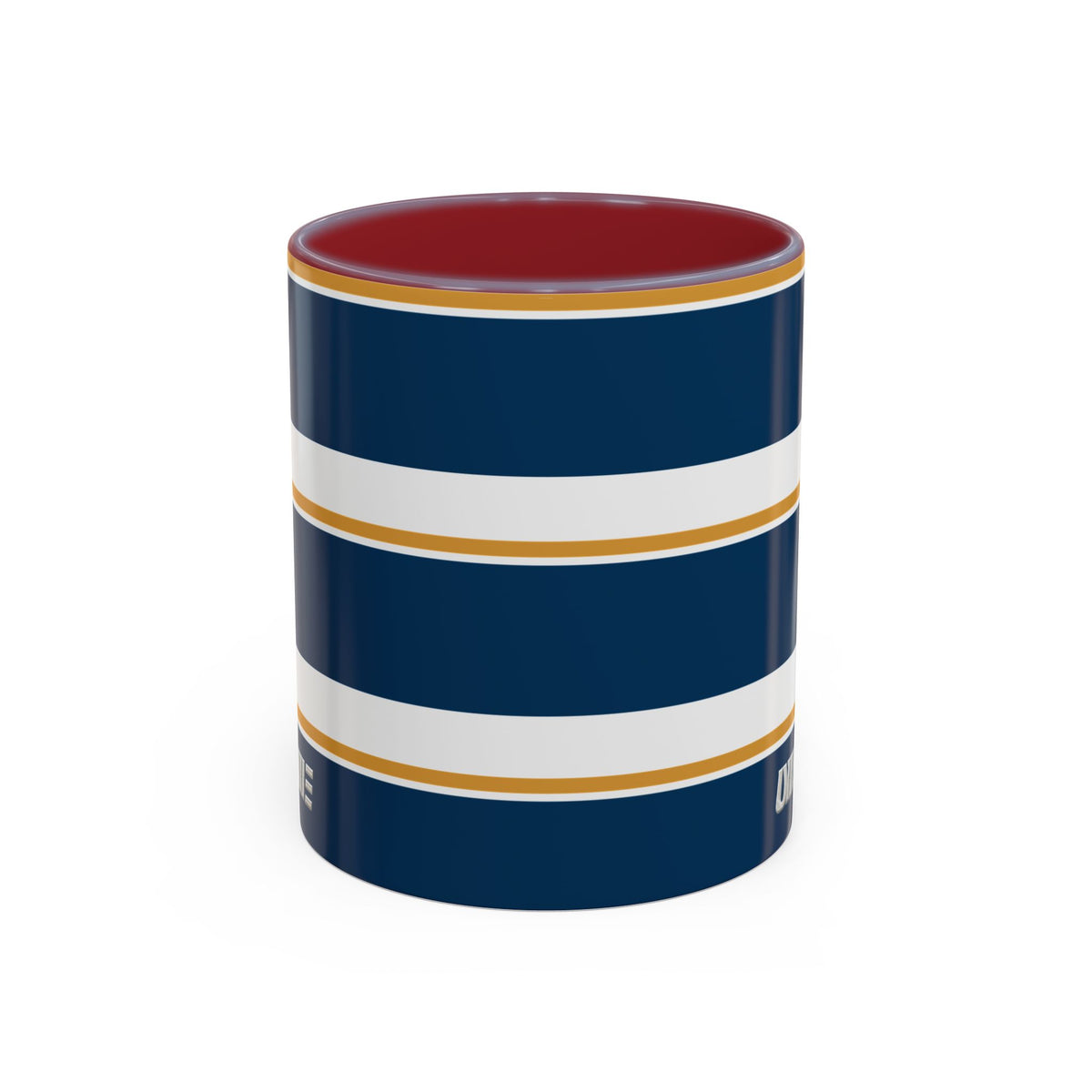 Navy and Gold Striped Accent Mug — White Ceramic