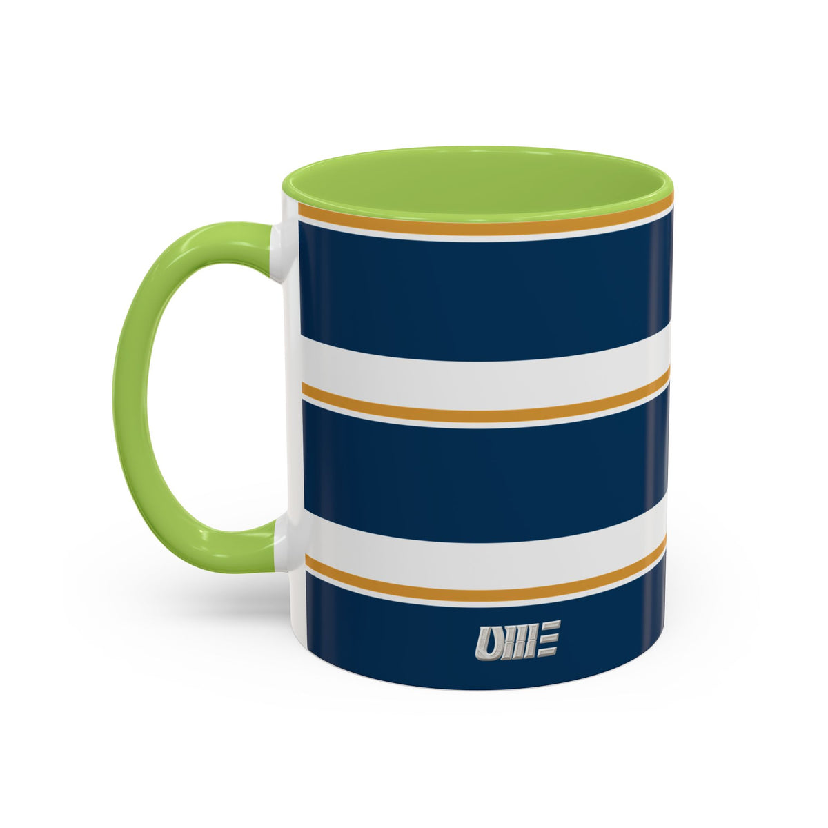 Navy and Gold Striped Accent Mug — White Ceramic