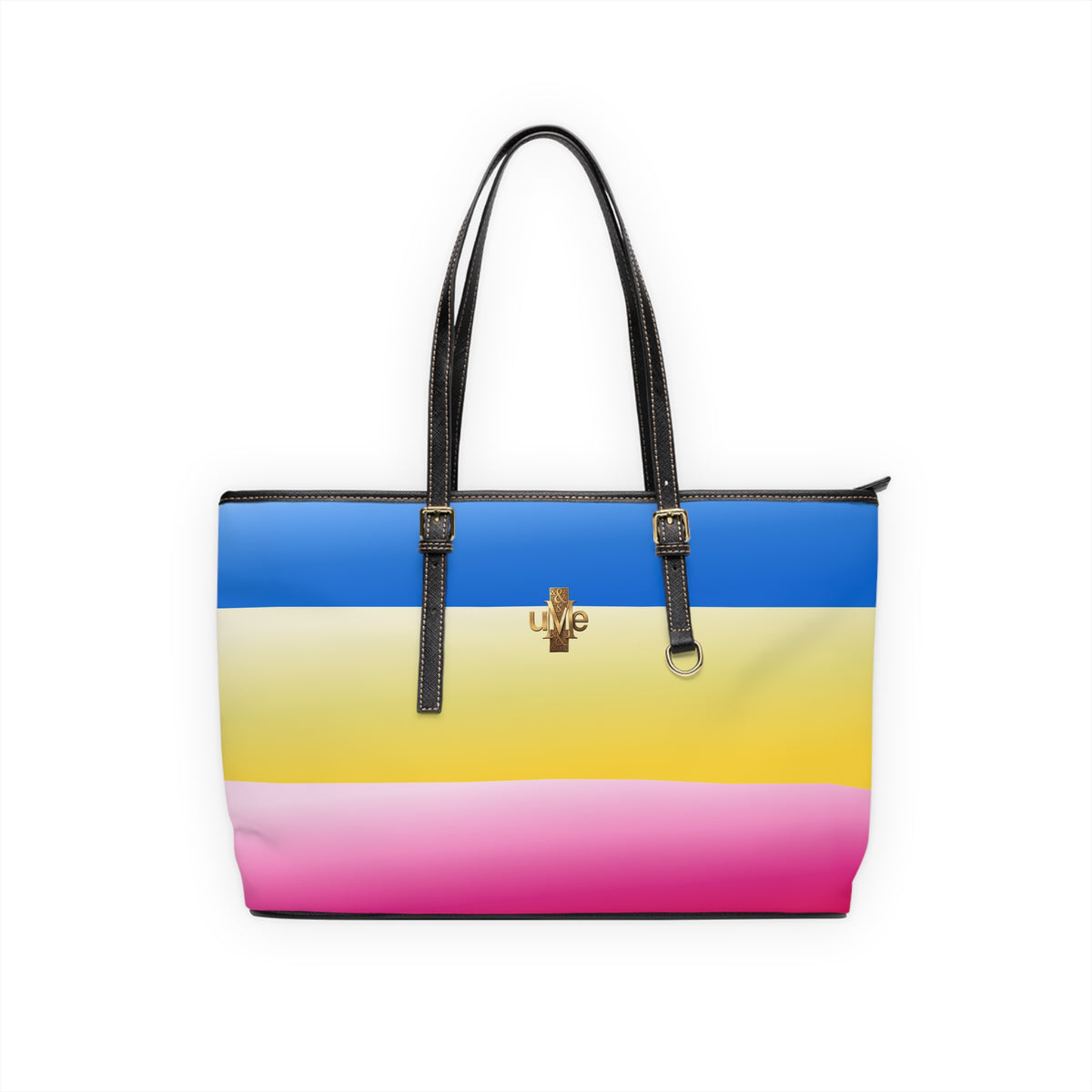 Colorblock Shoulder Bag — Black PU Leather Tote with Blue Yellow Pink Stripes