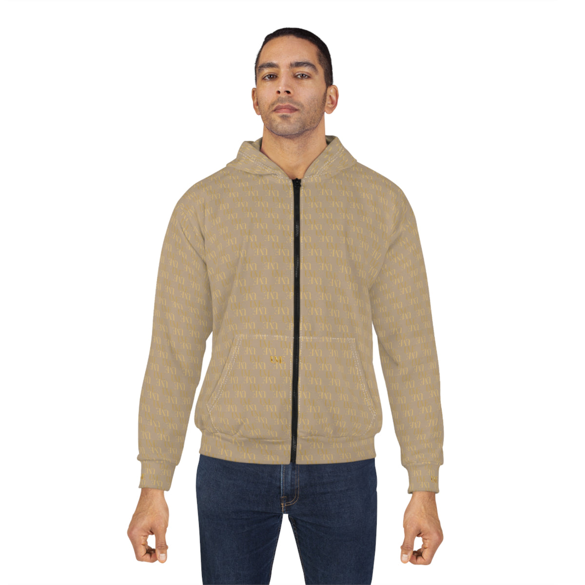 Gold Monogram Zip Hoodie — Beige All-Over Print