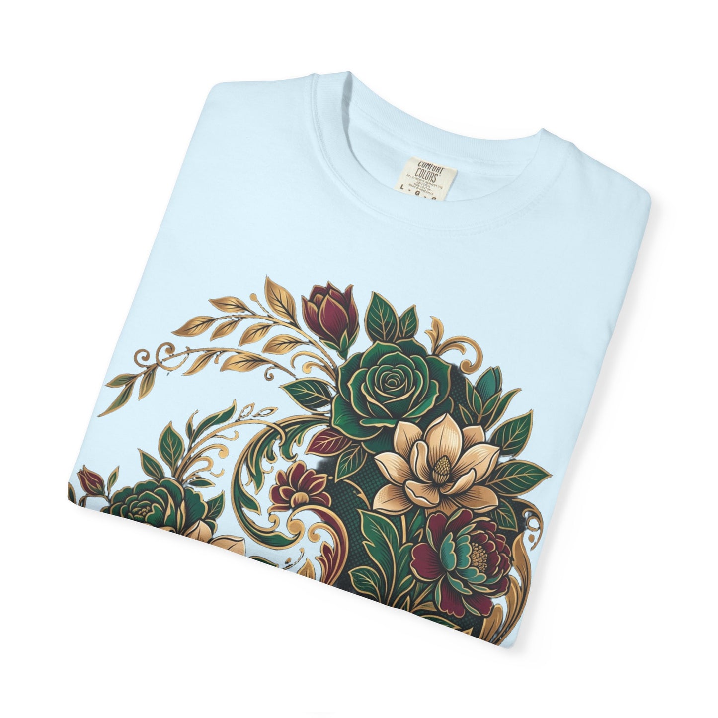 Floral Yin Yang T-Shirt — Vintage Green & Gold Rose Graphic Tee
