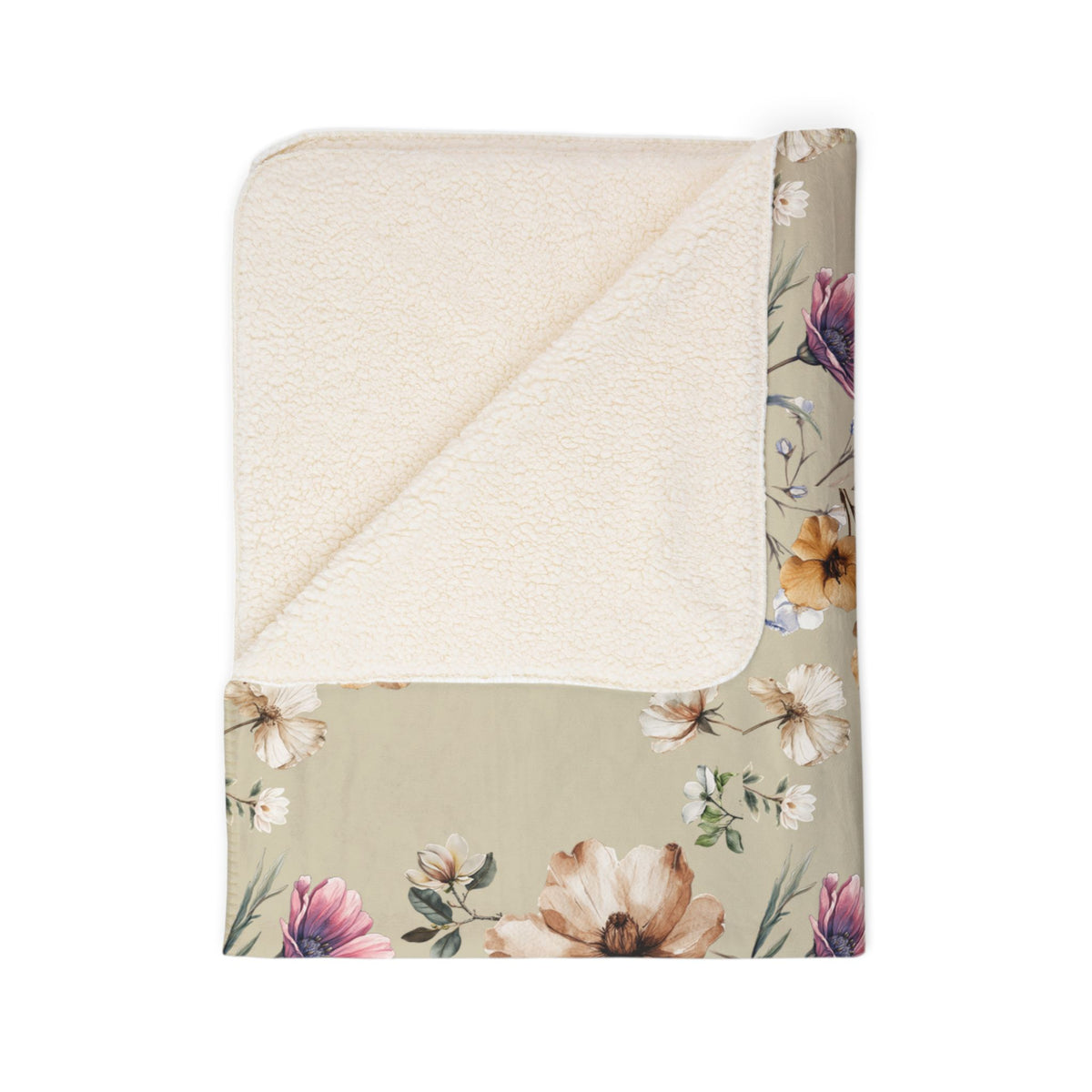 Wildflower Sherpa Blanket – Vintage Botanical Plush Fleece Throw in Sage & Neutrals