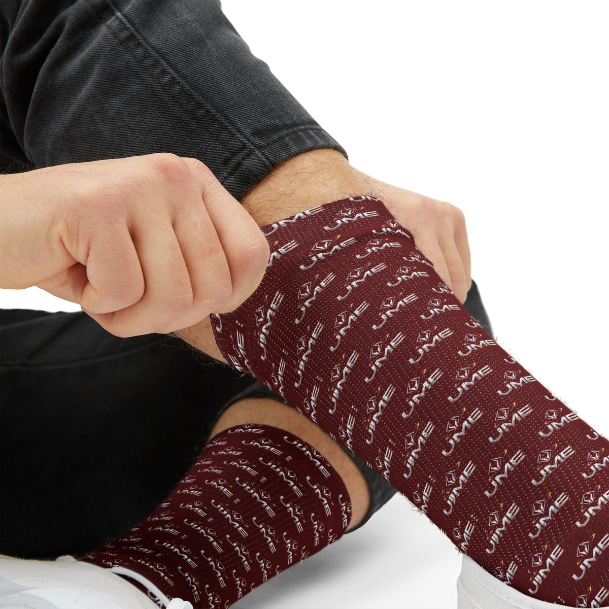 UME Monochrome Crew Socks — Burgundy All-Over Sublimation Print