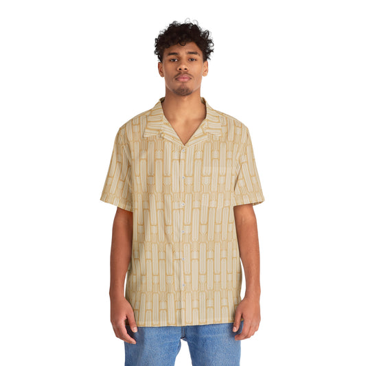 Men's Beige Bamboo Pattern Hawaiian Shirt – Geometric Tropical Camp Button-Up