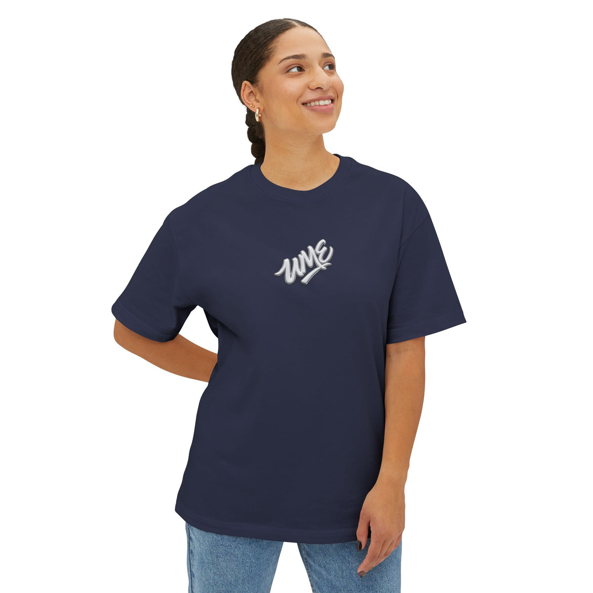 UME Script Logo Boxy Tee — White Oversized Graphic T-Shirt