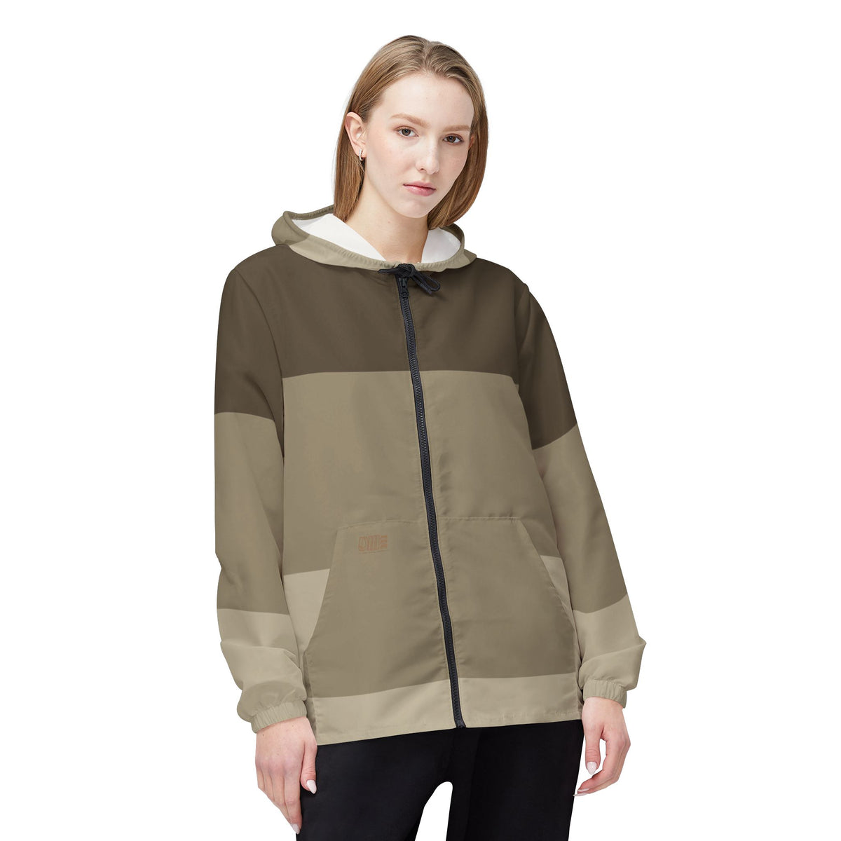 Neutral Striped Windbreaker Jacket — Beige Lightweight Hooded All-Over Print