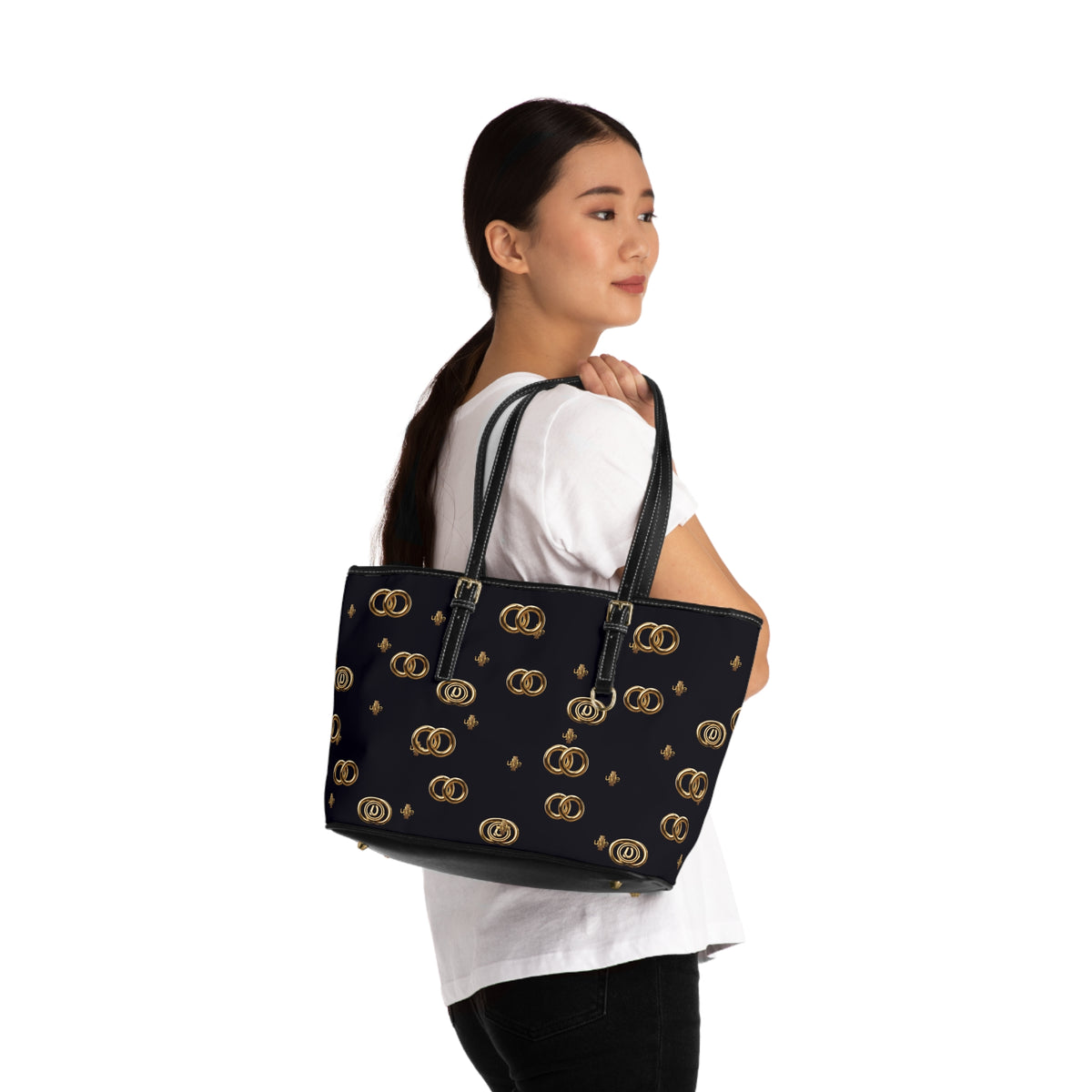 PU Leather Shoulder Bag — Black Gold Emblem Tote