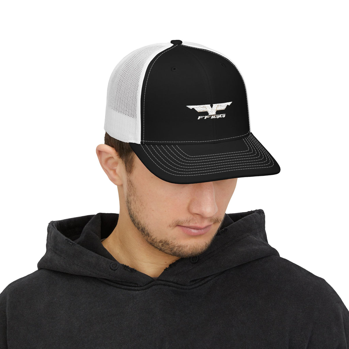 FFiGG Embroidered Snapback Trucker Cap — Black, Grey & Loden