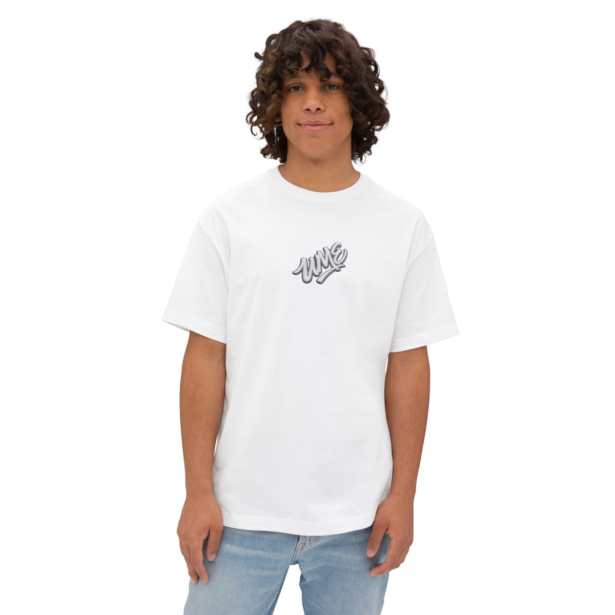 UME Script Logo Boxy Tee — White Oversized Graphic T-Shirt