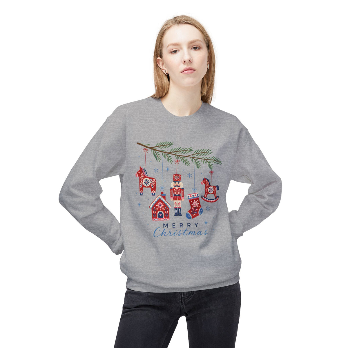 Merry Christmas Scandinavian Folk Art Crewneck Sweatshirt — White, Red & More
