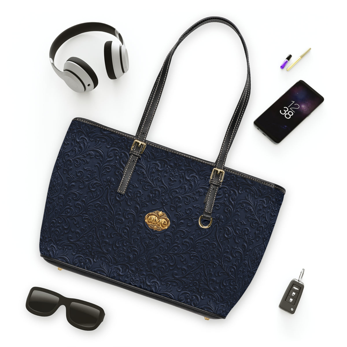 Navy UME Gold Crest Shoulder Tote — PU Faux Leather Scroll Print