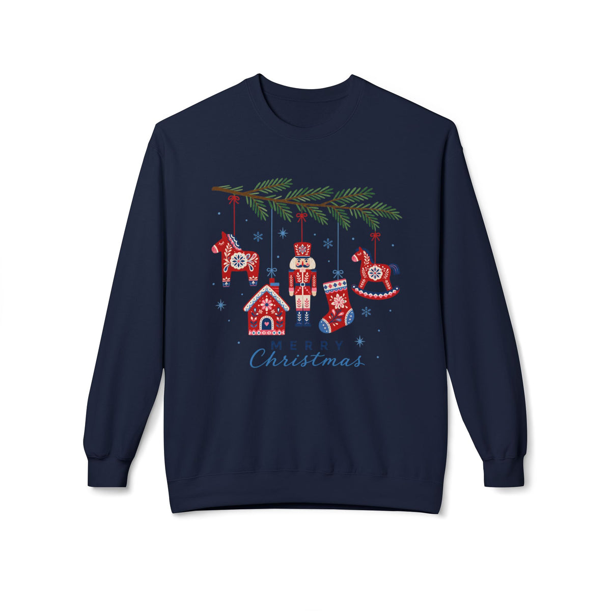 Merry Christmas Scandinavian Folk Art Crewneck Sweatshirt — White, Red & More
