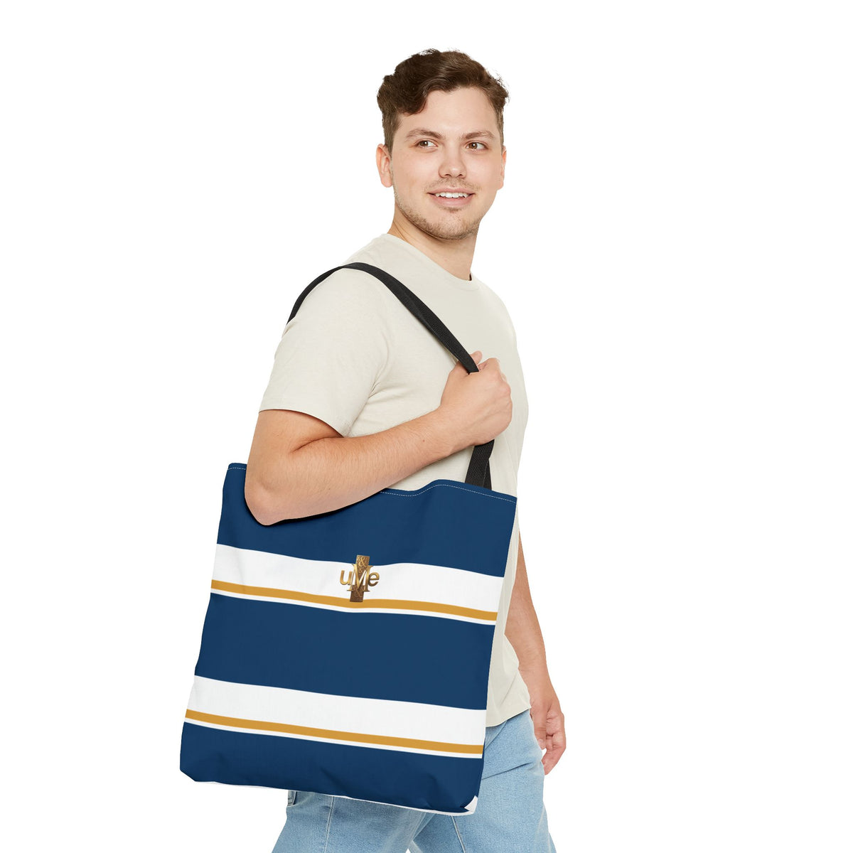 LIVE Cross Tote Bag — Navy & White Stripes with Gold Motif