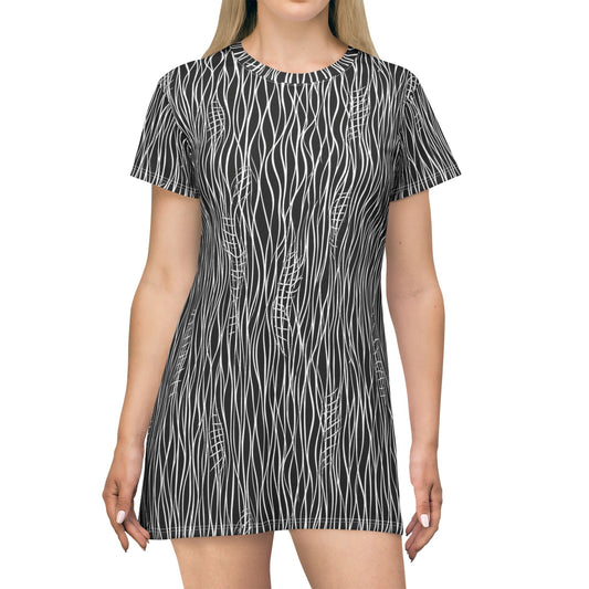 Wave Print T-Shirt Dress — Monochrome Abstract All-Over Print