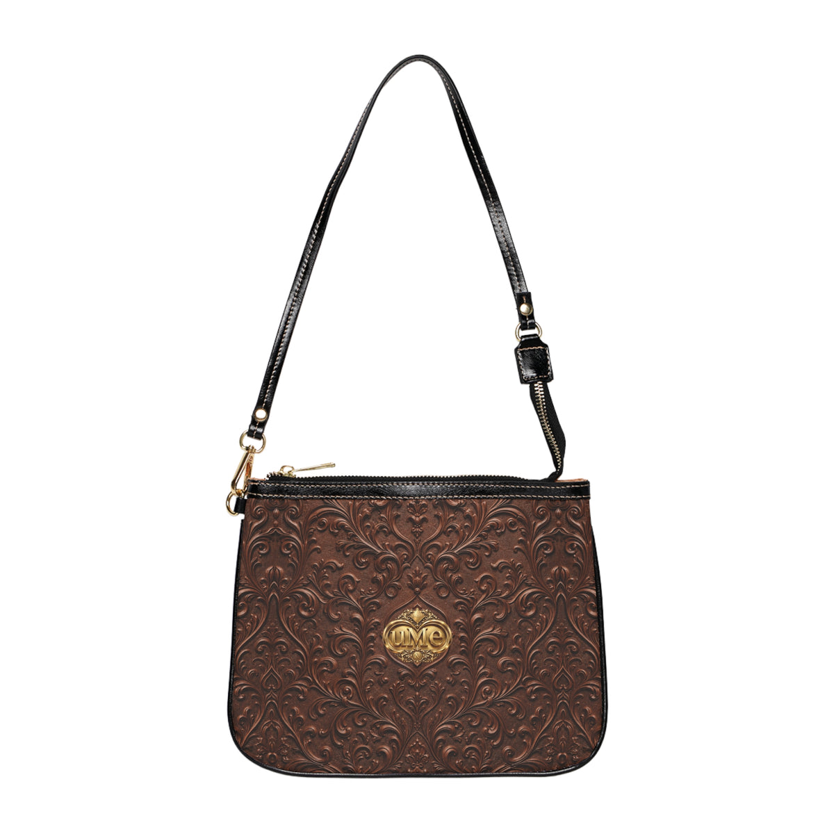 Brown UME Gold Crest Small Shoulder Bag — Scroll Print Faux Leather