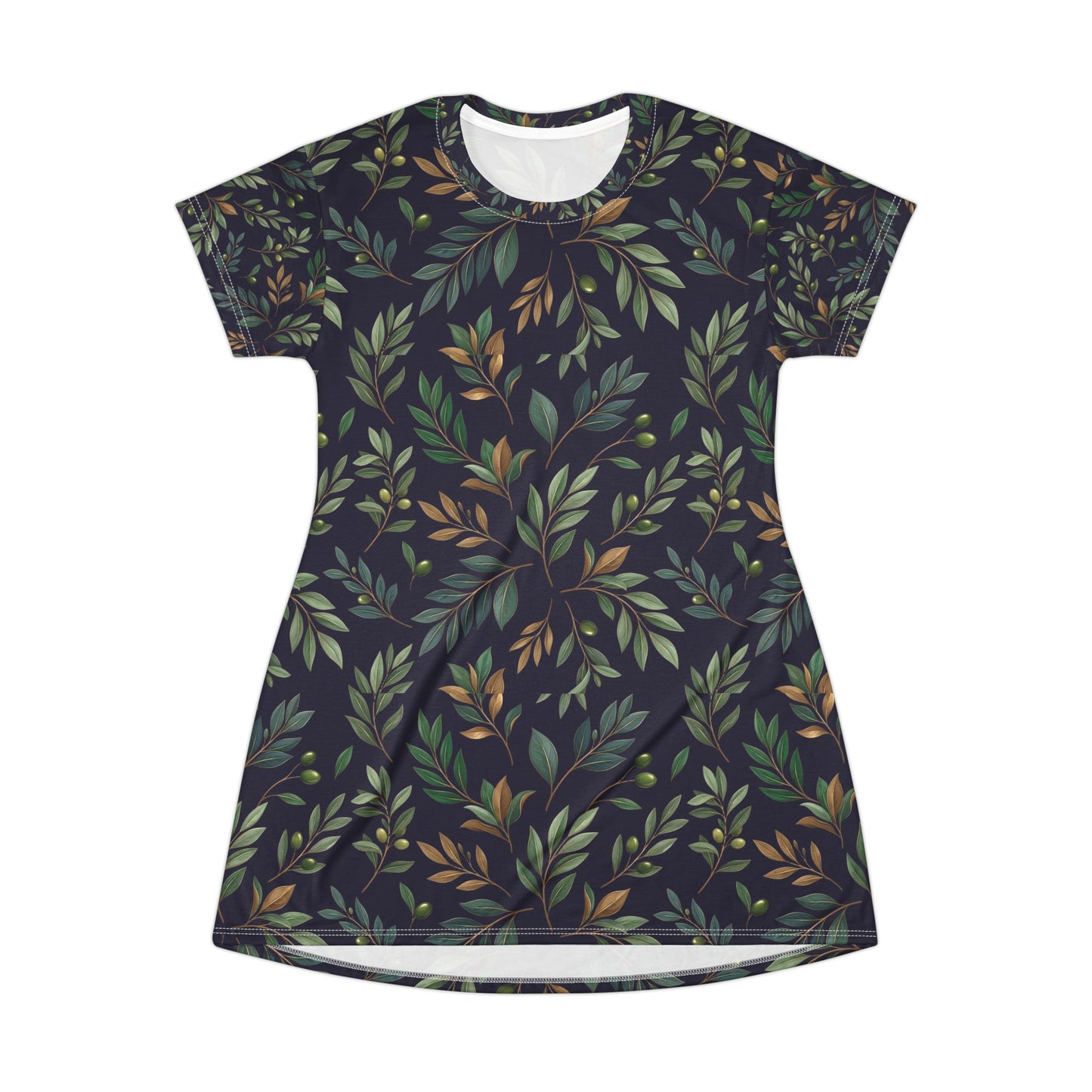 Botanical Vine T-Shirt Dress — Green & Earthy All-Over Print