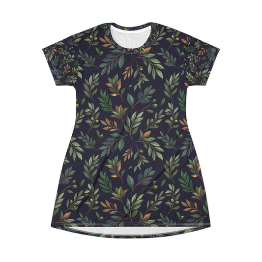 Botanical Vine T-Shirt Dress — Green & Earthy All-Over Print
