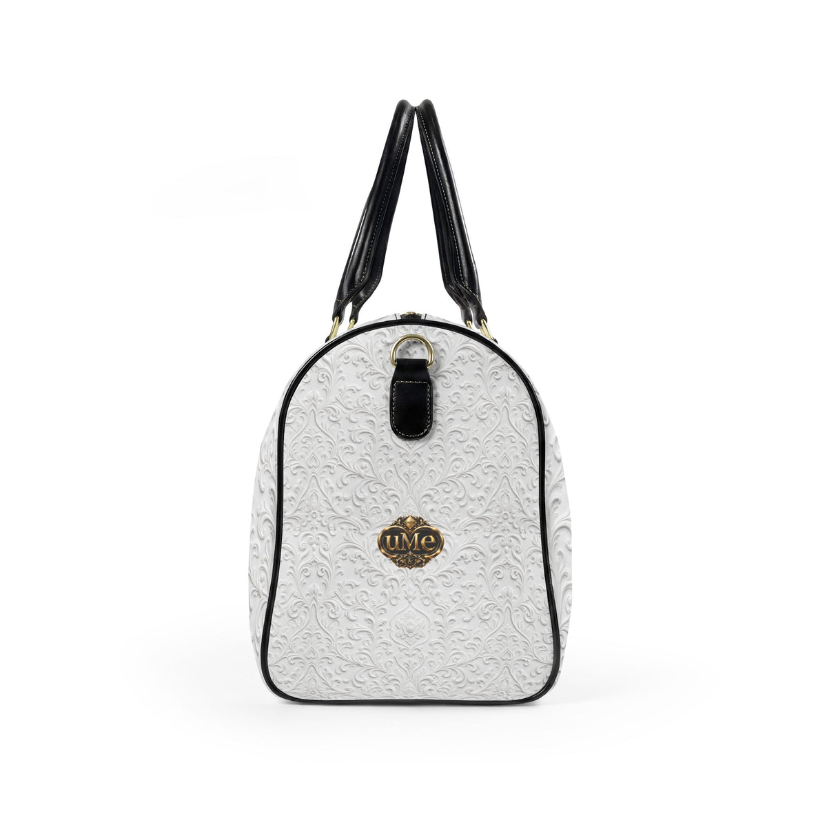 White Faux Leather Travel Bag — 'uMe' Gold Crest Weekender
