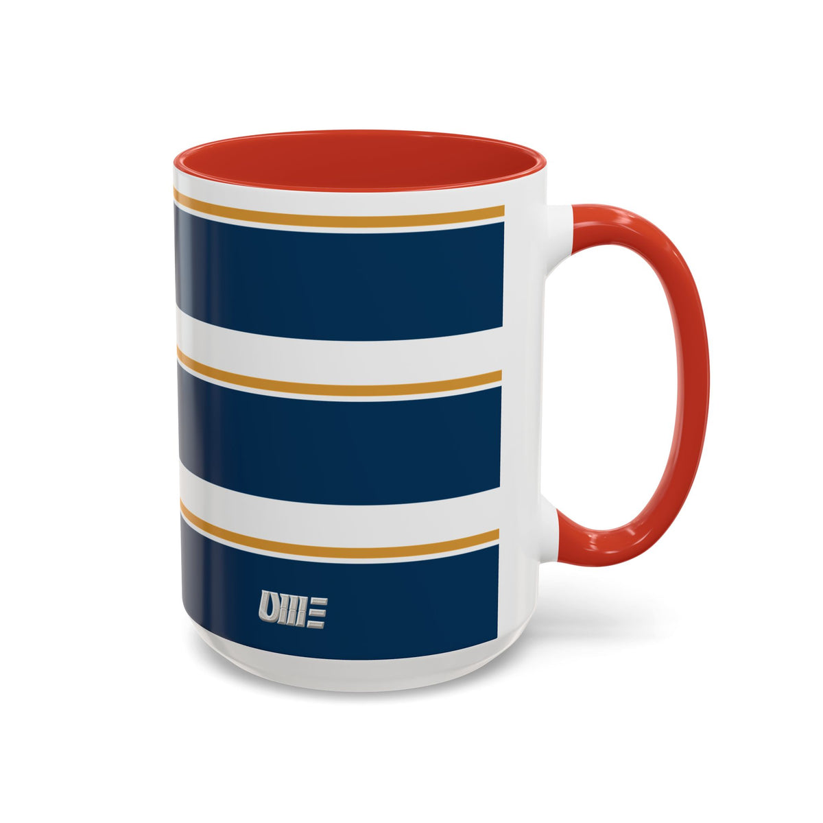 Navy and Gold Striped Accent Mug — White Ceramic