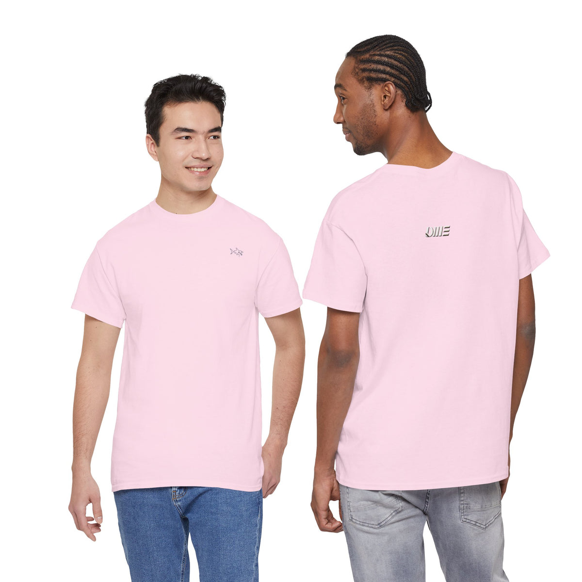 Minimalist string design Fish Tee — Small Chest Fish & Back 'OWE' Graphic