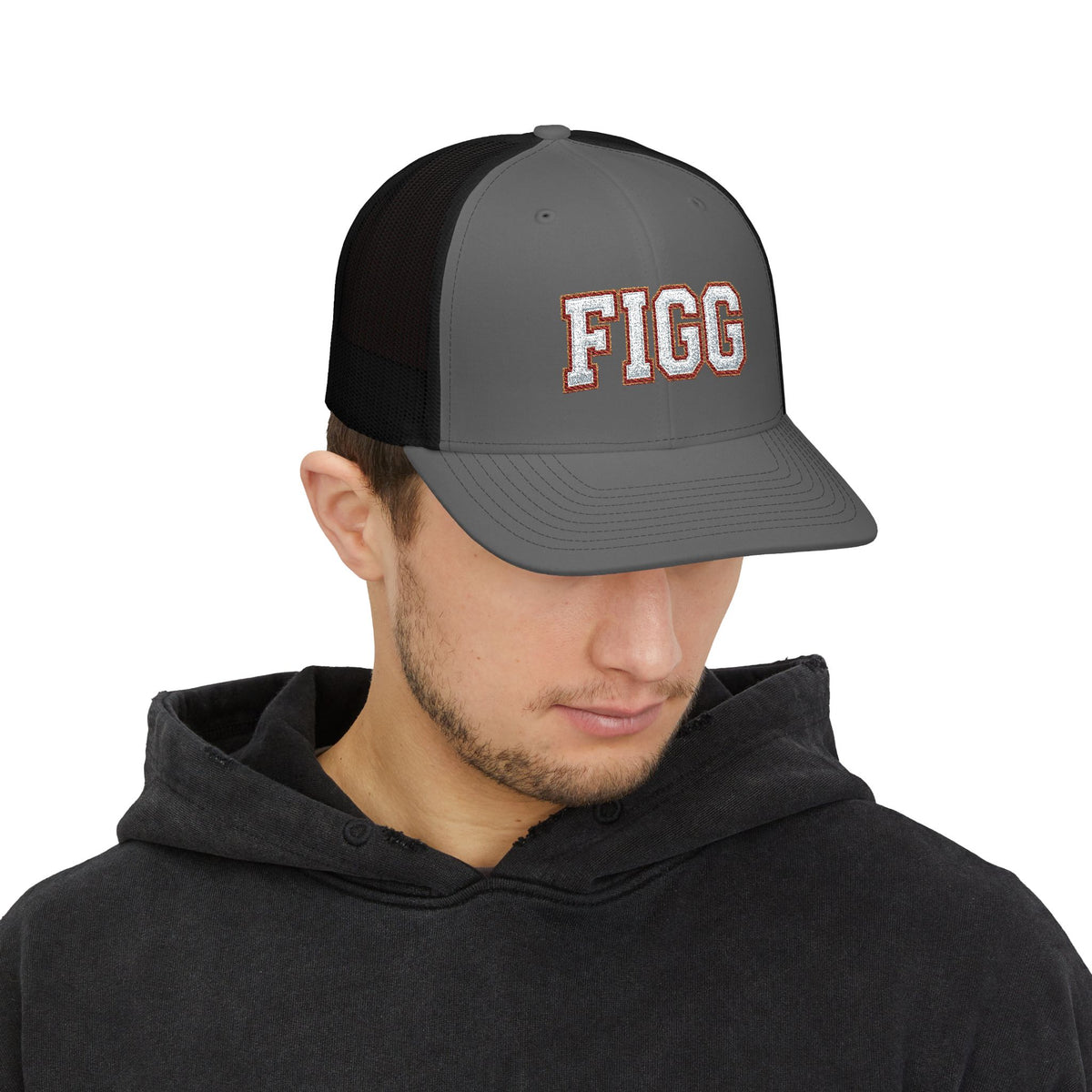 FFiGG Embroidered Vintage Trucker Cap — Black, Grey & Loden