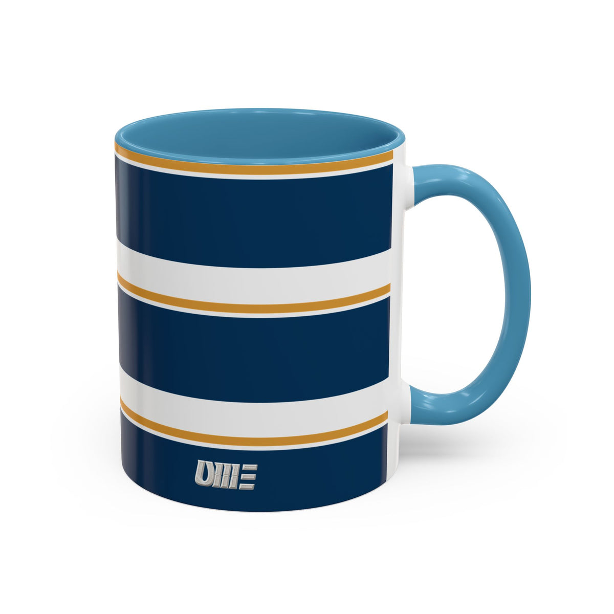 Navy and Gold Striped Accent Mug — White Ceramic