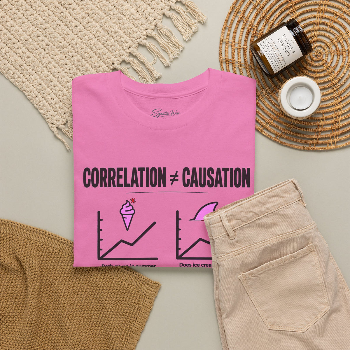 Correlation ≠ Causation Graphic Tee — White, Blue, Pink, Yellow & Neutral Bases