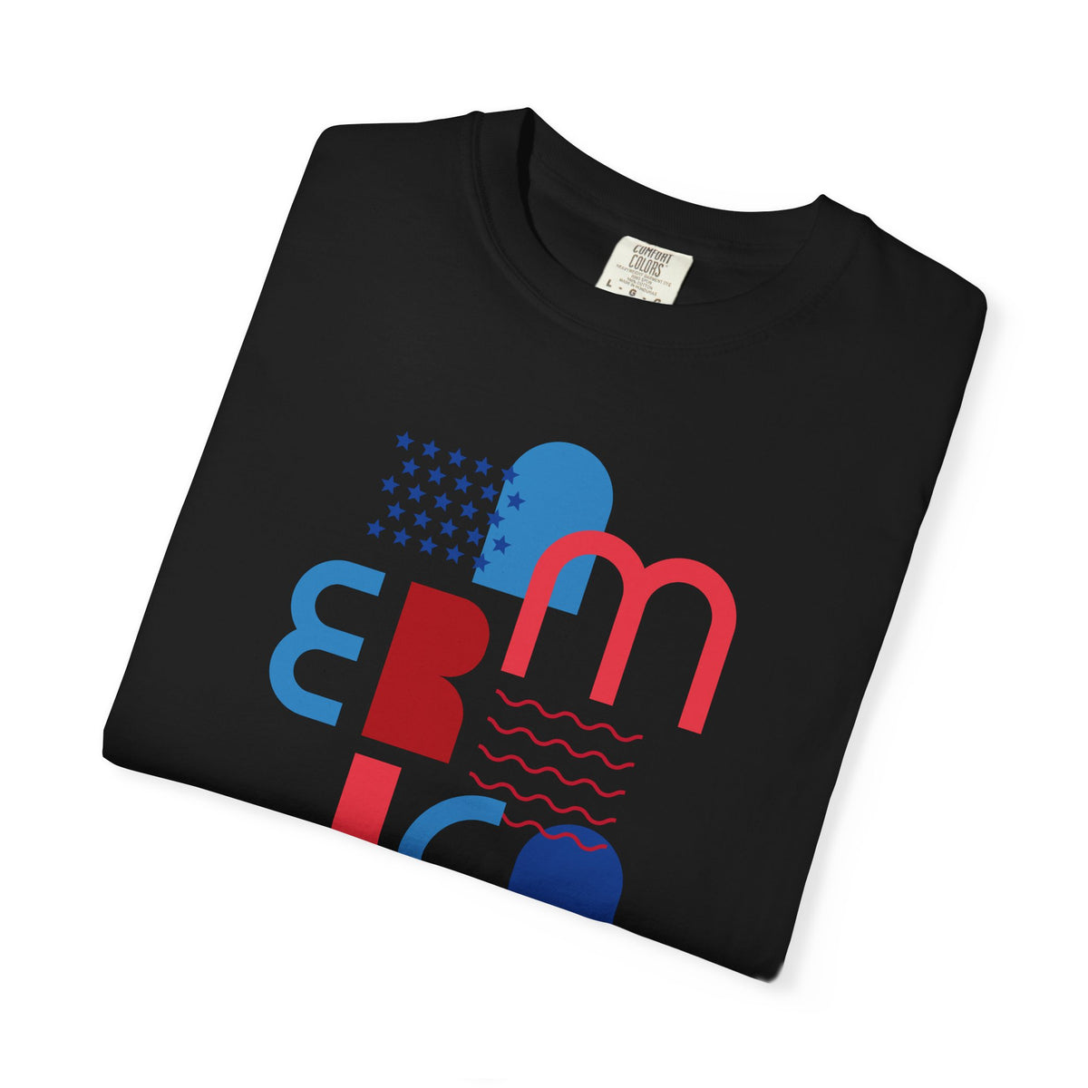 T-Shirt — Abstract 'America' Graphic Tee (Red & Blue Geometric Design)