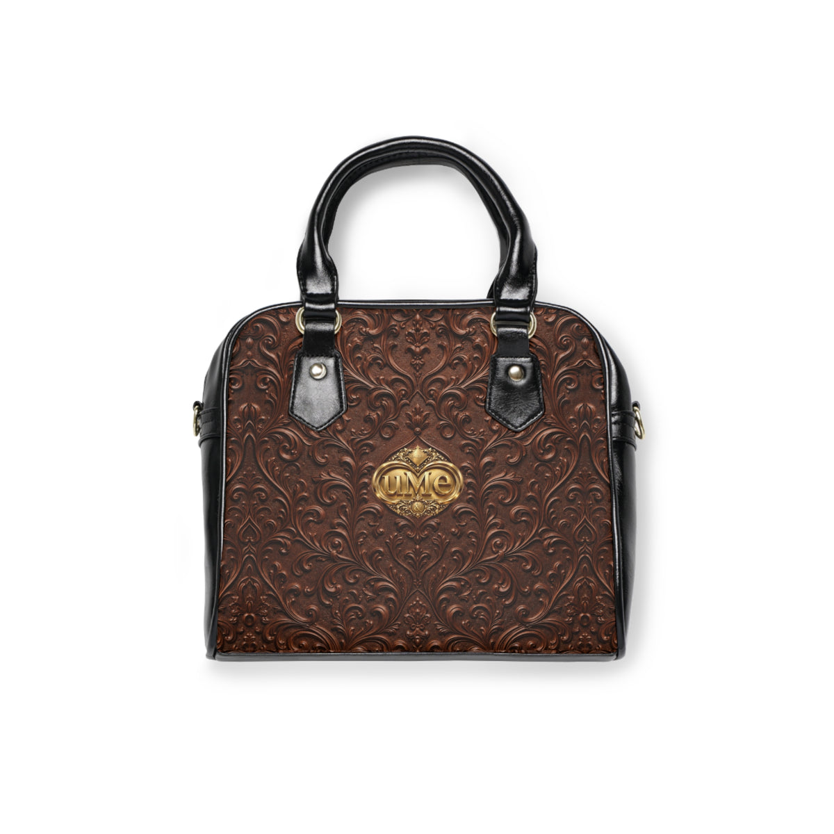 Chestnut Brown UME Shoulder Handbag — Faux Leather Gold Crest Scroll Print