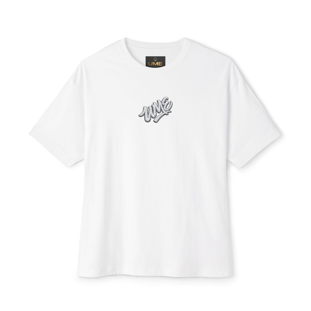 UME Script Logo Boxy Tee — White Oversized Graphic T-Shirt