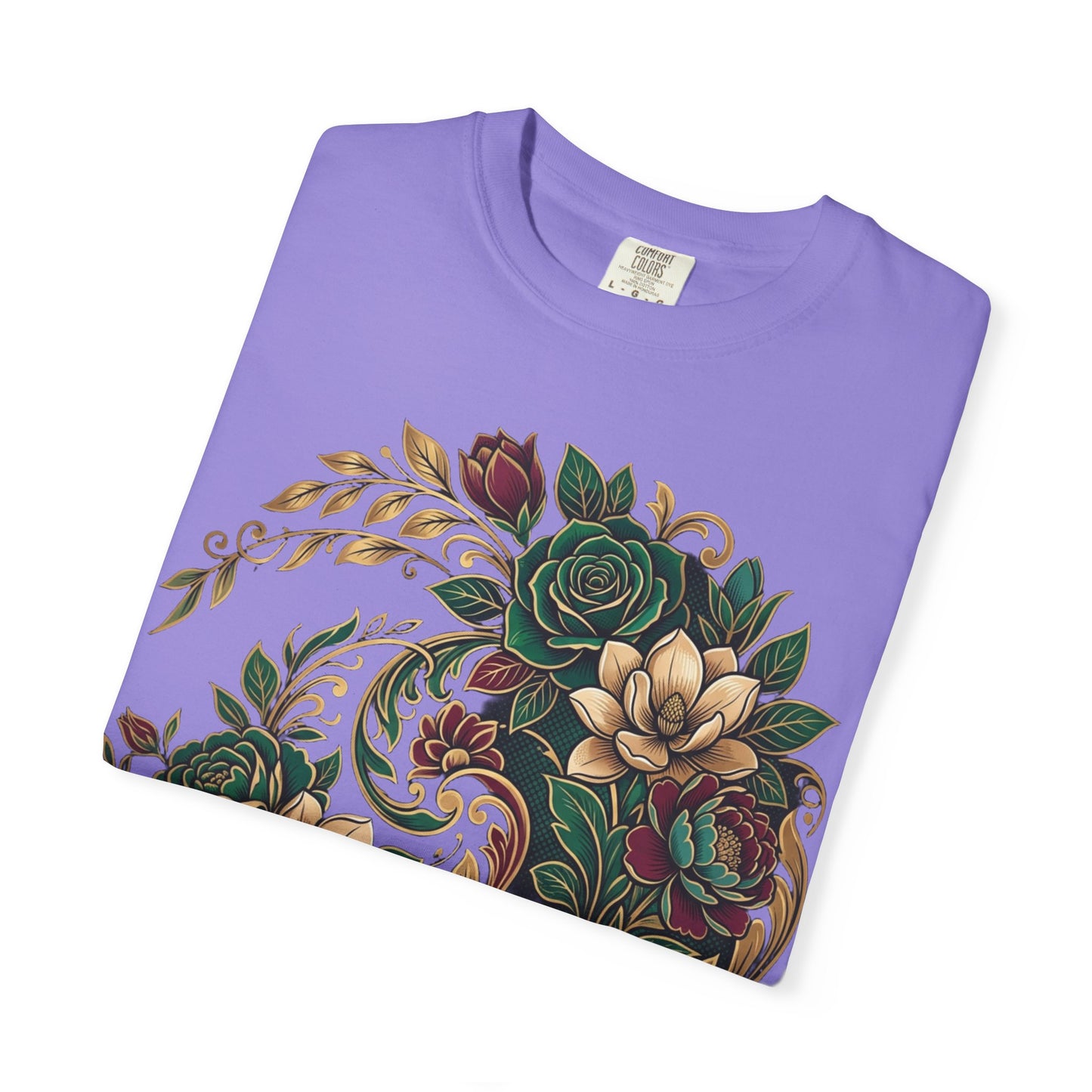 Floral Yin Yang T-Shirt — Vintage Green & Gold Rose Graphic Tee