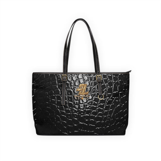 Glossy Black Croc Emboss Monogram Tote Bag – BL Signature Lacquered Crocodile PU Leather Shoulder Bag