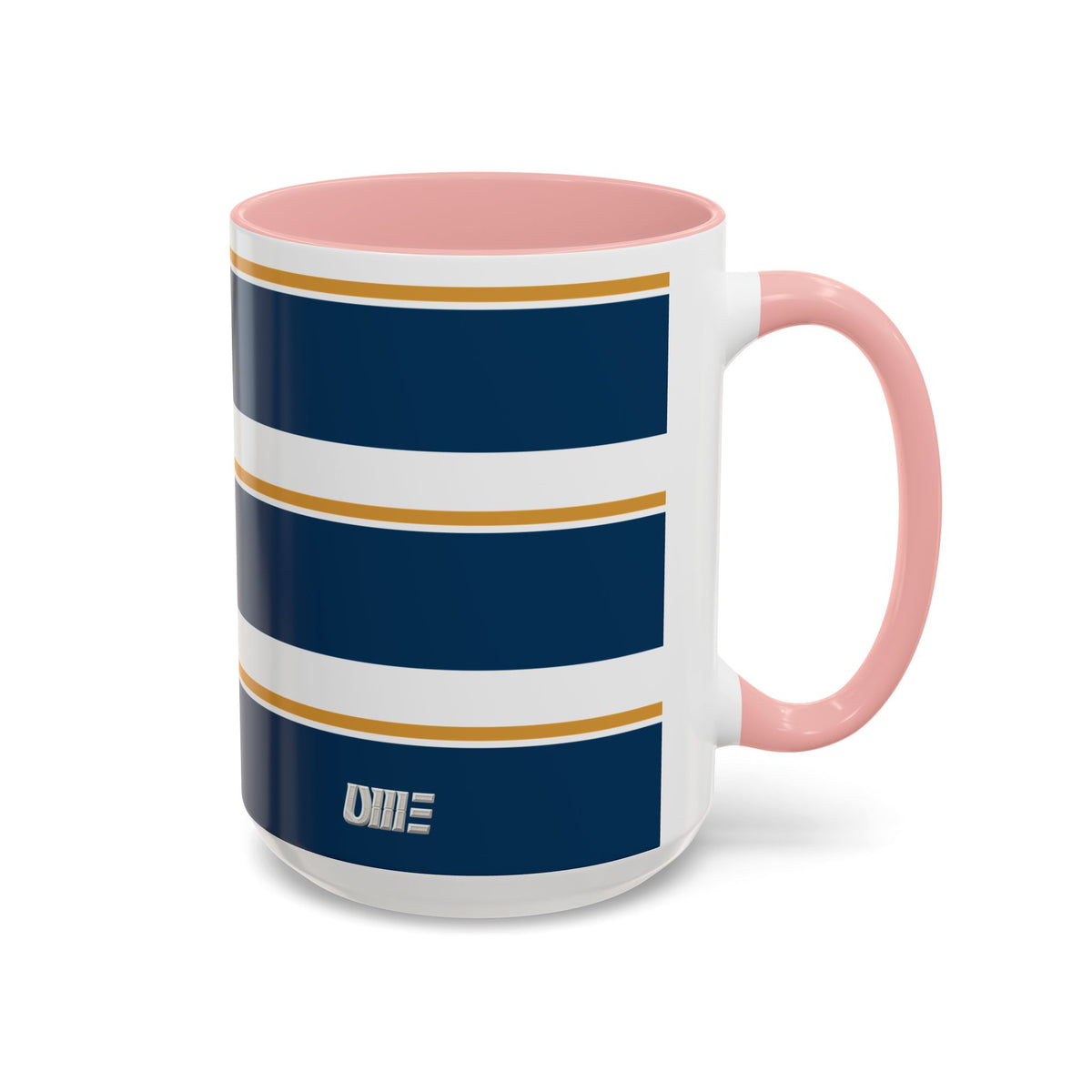 Navy and Gold Striped Accent Mug — White Ceramic