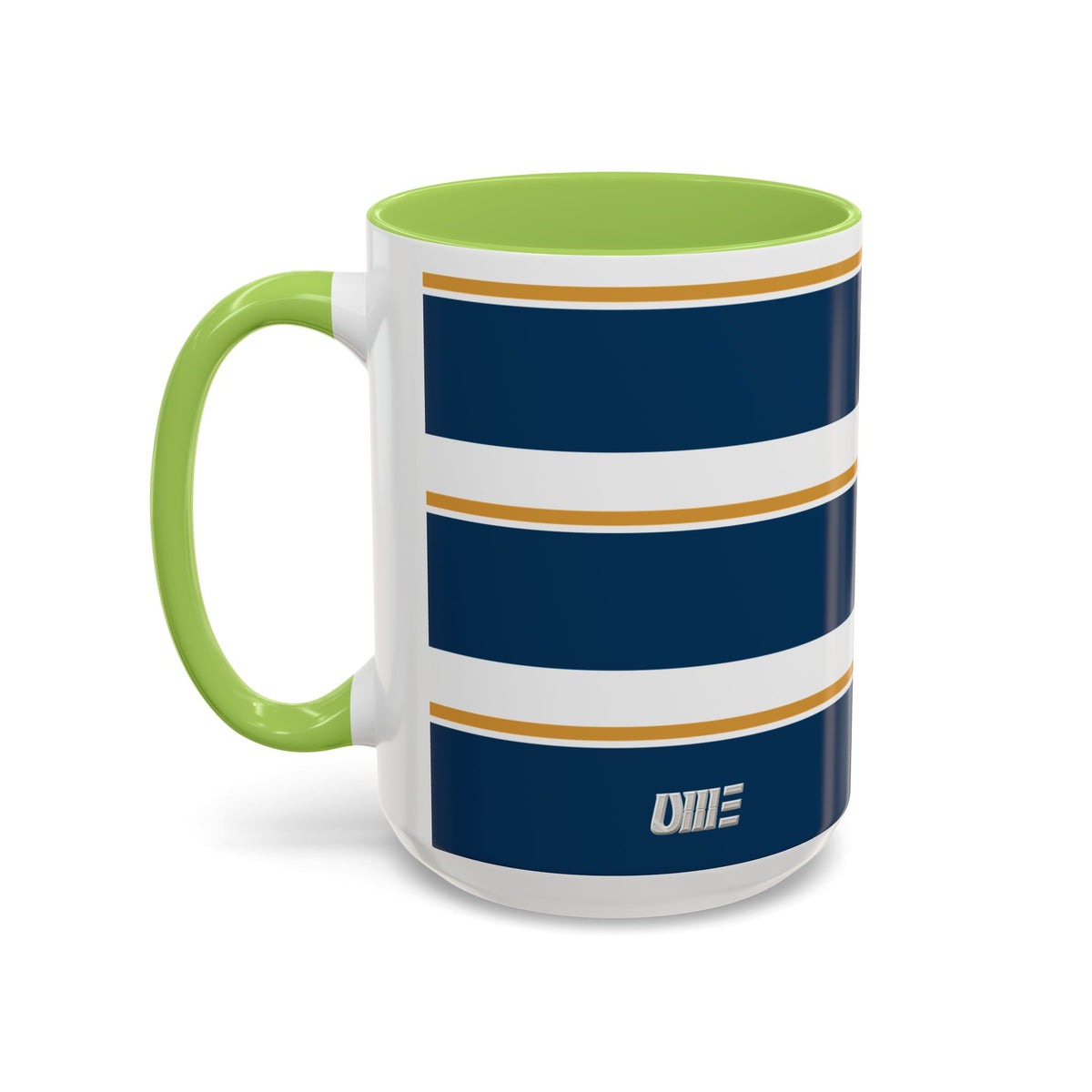 Navy and Gold Striped Accent Mug — White Ceramic